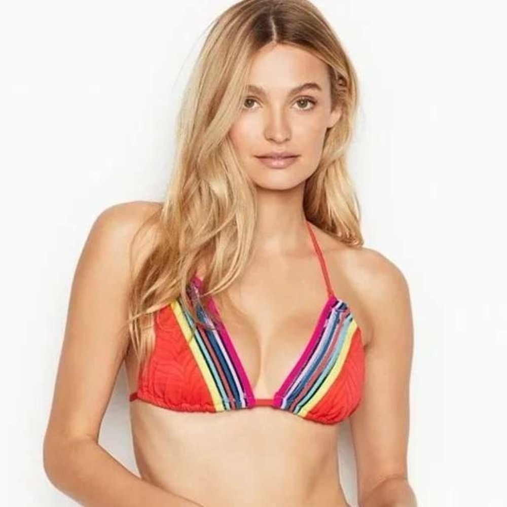 Trina‎ Turk Stripe Zebra Stripe Bikini Top Sz 4 Red Rainbow Triangle Halter NWT